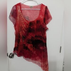 One world ombre orange Uneven hem short flutter sleeve blouse w Stud accents XL